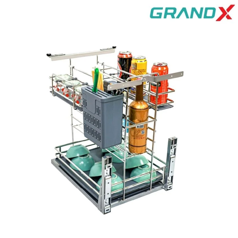 Giá dao thớt gia vị 300mm rổ, ray, khung Inox 304 nan Oval GrandX XK.35M2