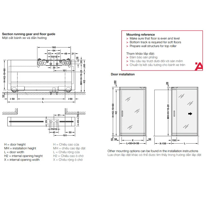 Bộ phụ kiện với khung nhôm và ray trượt cho 1 cửa (có cơ cấu giảm chấn) SLIDO DESIGN 80-M Hafele 940.59.010