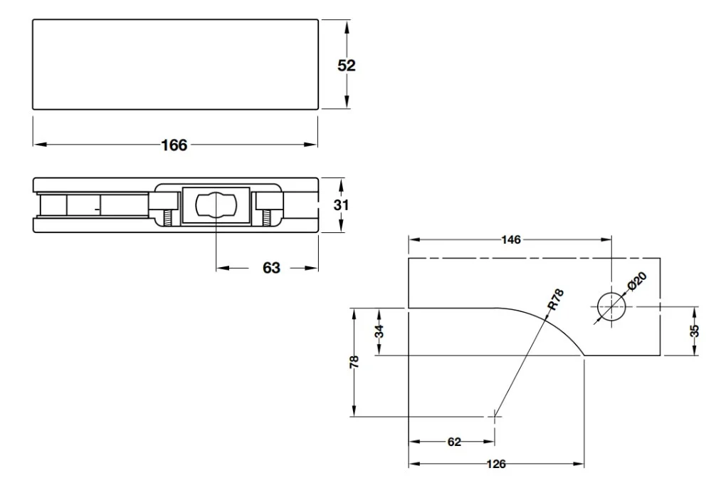 Kẹp kính dưới Häfele màu đen mờ 120kg 981.00.655